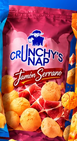 Concepto de empaque rosa de Crunchy's Nap Jamón Serrano