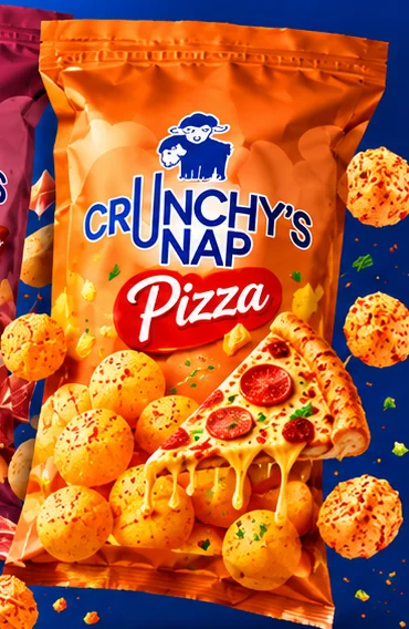 Concepto de empaque naranja de Crunchy's Nap Pizza